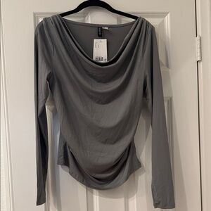 Divided Gray Drape Neck Long Sleeve Top